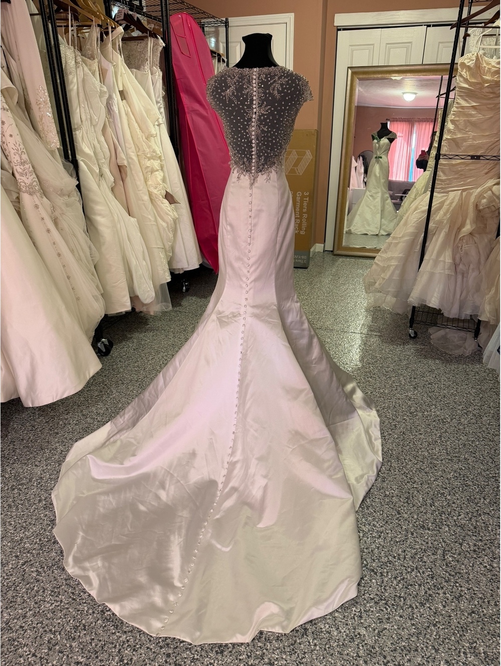 Allure Bridals Ivory Satin Wedding Dress with Beaded Cap Sleeves - Picture 3 of 6